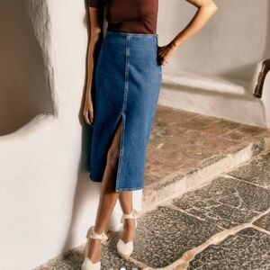Sézane Eloane Classic Blue Denim Skirt, Front Slit, VGUC, Size 38, French Chic